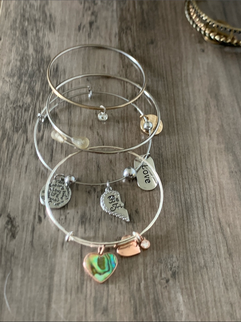 Silver Tone Women's Charm Bangle Bracelet Set with Heart Charm All 4 for $18